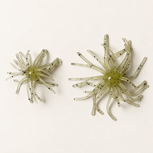 Two Narrows Bay Baits 2.5-inch Dock Spiders shown fully in frame on a clean neutral studio surface