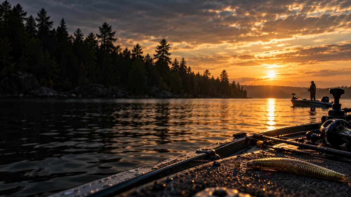 Golden-hour fishing scene on a pine-lined Ontario lake